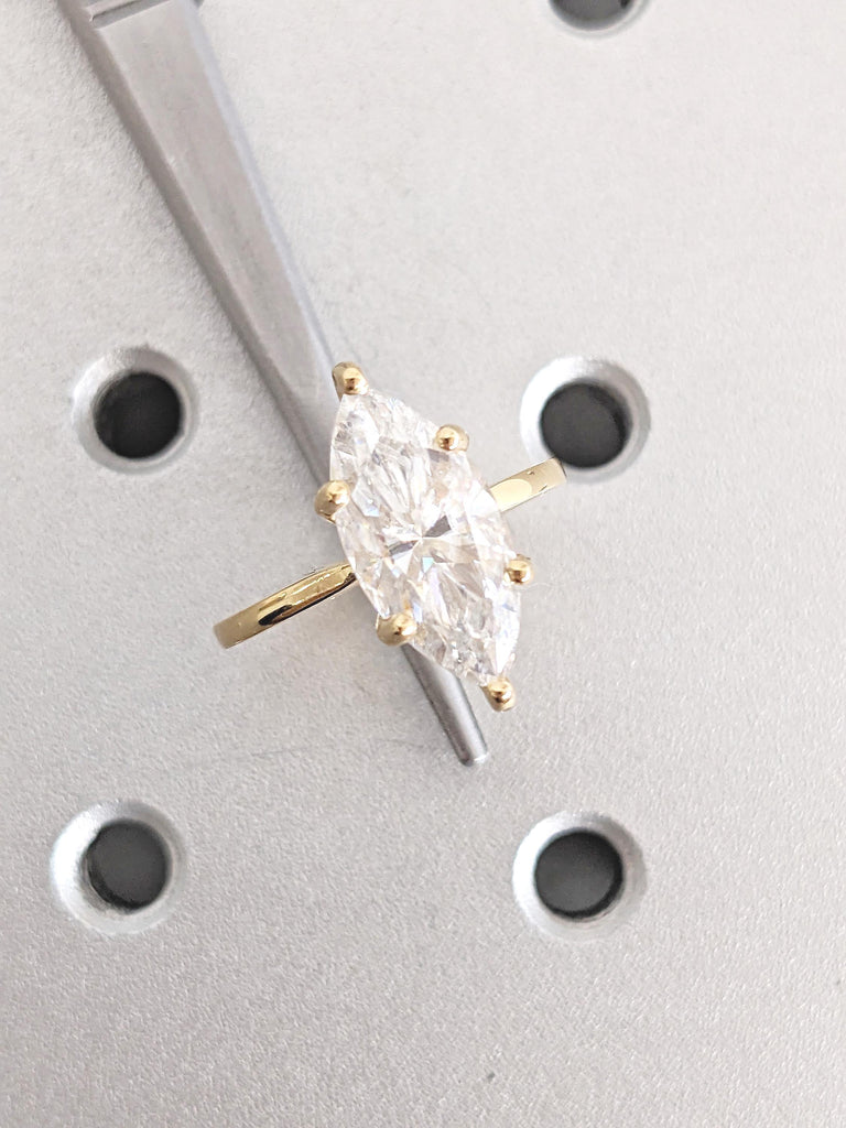 Vintage Lab Created Diamond Ring, Marquise Engagement Ring, Big Statement Ring, Hidden Halo Ring, Dainty 18k Gold Ring, Promise Ring for Her