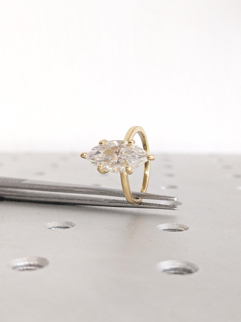 Vintage Lab Created Diamond Ring, Marquise Engagement Ring, Big Statement Ring, Hidden Halo Ring, Dainty 18k Gold Ring, Promise Ring for Her image #2