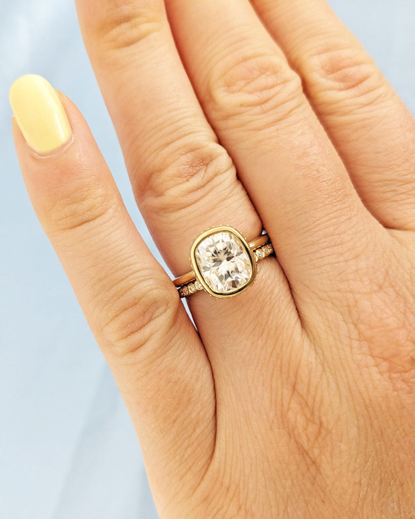 Cushion Cut Lab Diamond Solitaire Engagement Ring Set, 14K Yellow Gold Diamond Hidden Halo Proposal Ring, Custom Half Eternity Wedding Band
