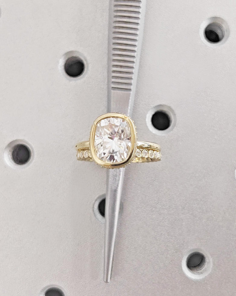 Cushion Cut Lab Diamond Solitaire Engagement Ring Set, 14K Yellow Gold Diamond Hidden Halo Proposal Ring, Custom Half Eternity Wedding Band image #1