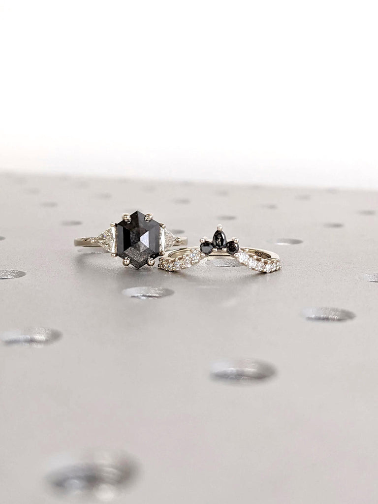14K Solid White Gold Raw Salt and Pepper Geometric Diamond Bridal Ring Set, Hexagon Black Diamond Engagement Ring, Anniversary Gift for Her