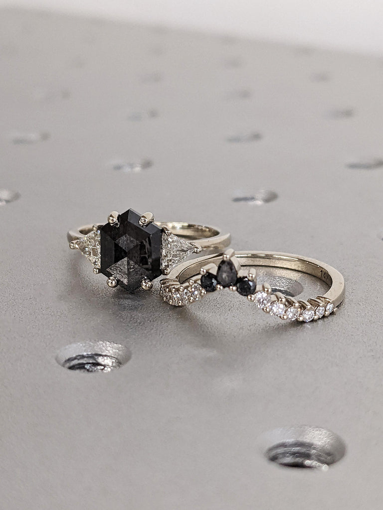 14K Solid White Gold Raw Salt and Pepper Geometric Diamond Bridal Ring Set, Hexagon Black Diamond Engagement Ring, Anniversary Gift for Her