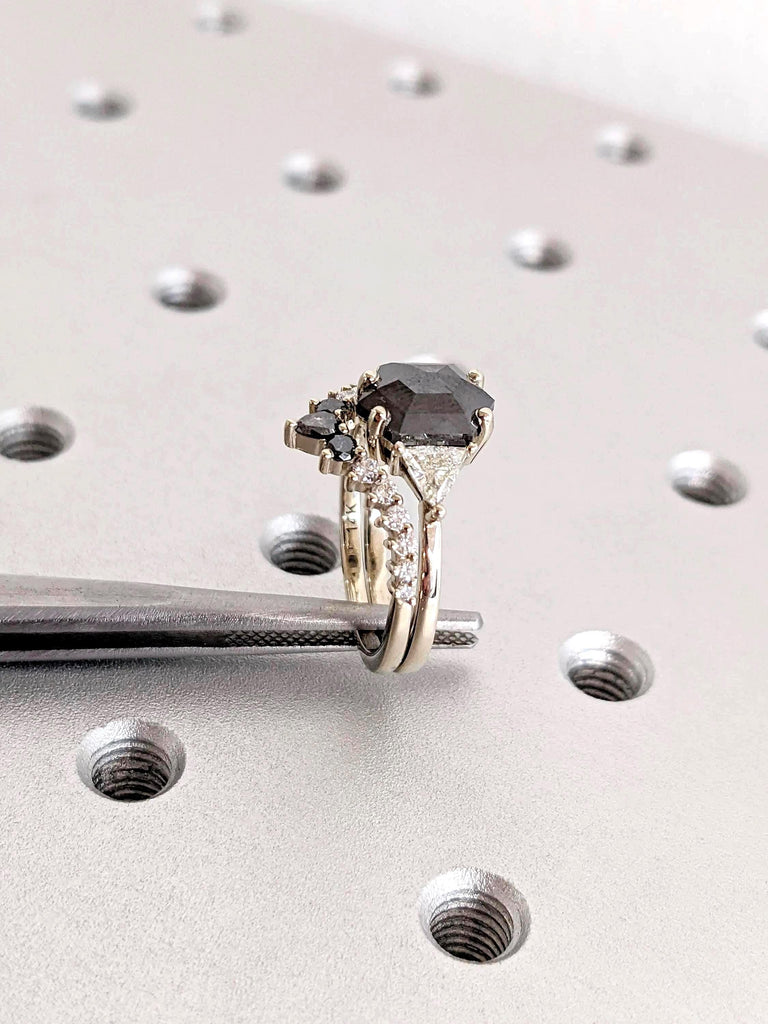14K Solid White Gold Raw Salt and Pepper Geometric Diamond Bridal Ring Set, Hexagon Black Diamond Engagement Ring, Anniversary Gift for Her