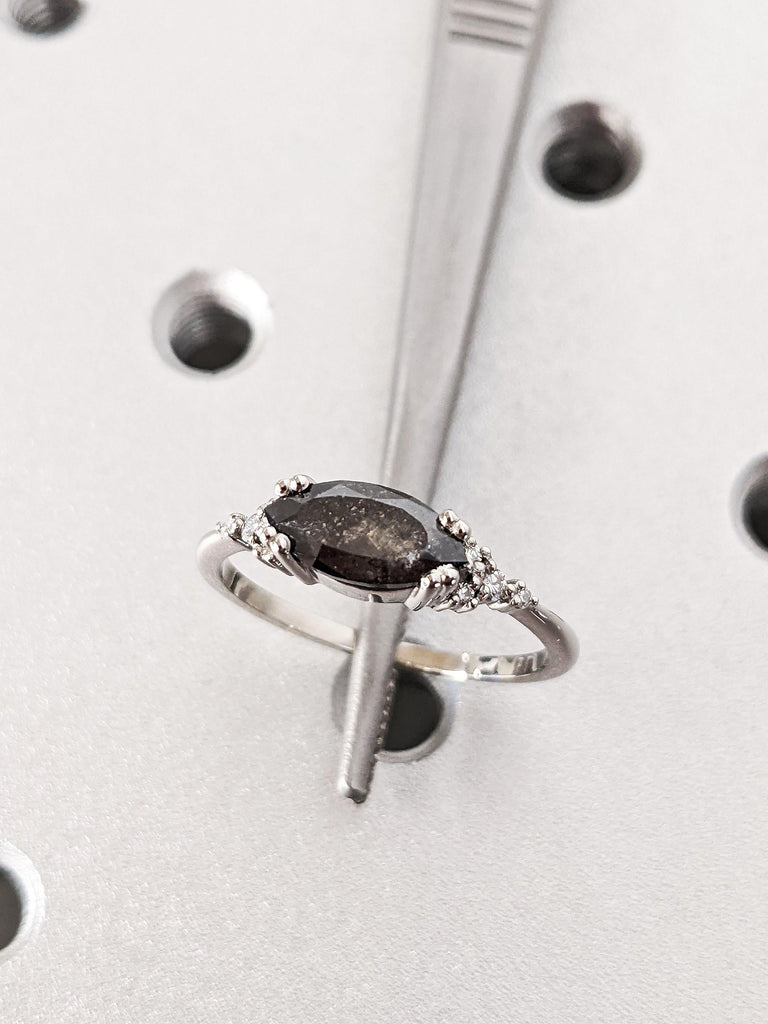 Classic Platinum Marquise Cut Salt and Pepper Diamond Modern Engagement Ring, Dainty Salt & Pepper Bridal Ring, Gothic Jewelry Wedding Ring