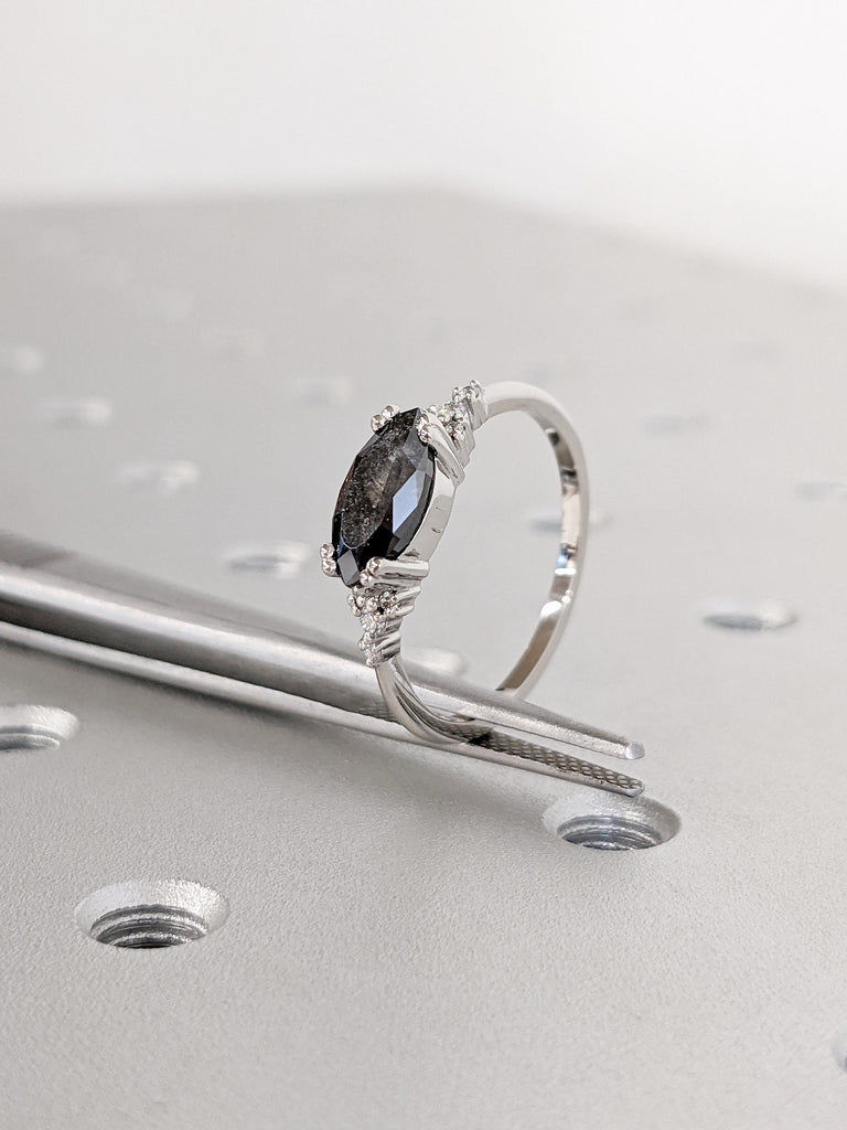 Classic Platinum Marquise Cut Salt and Pepper Diamond Modern Engagement Ring, Dainty Salt & Pepper Bridal Ring, Gothic Jewelry Wedding Ring