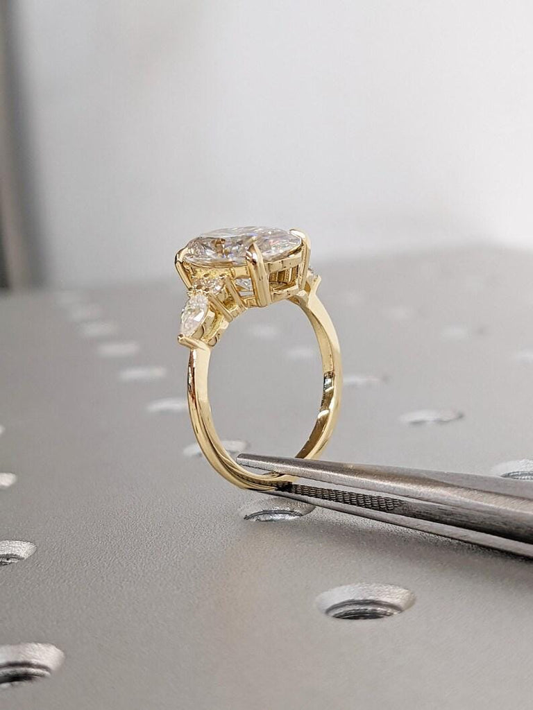 Vintage 18K Yellow Gold Oval Moissanite Engagement Ring with Pear Shaped Diamond Cluster, Luxury Custom Bridal Stacking Ring, Promise Ring