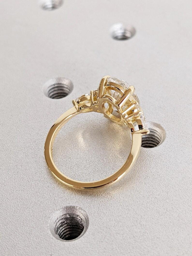 Vintage 18K Yellow Gold Oval Moissanite Engagement Ring with Pear Shaped Diamond Cluster, Luxury Custom Bridal Stacking Ring, Promise Ring