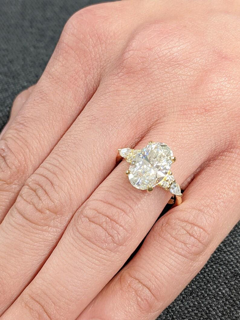 Vintage 18K Yellow Gold Oval Moissanite Engagement Ring with Pear Shaped Diamond Cluster, Luxury Custom Bridal Stacking Ring, Promise Ring
