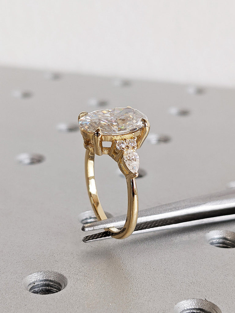 Vintage 18K Yellow Gold Oval Moissanite Engagement Ring with Pear Shaped Diamond Cluster, Luxury Custom Bridal Stacking Ring, Promise Ring