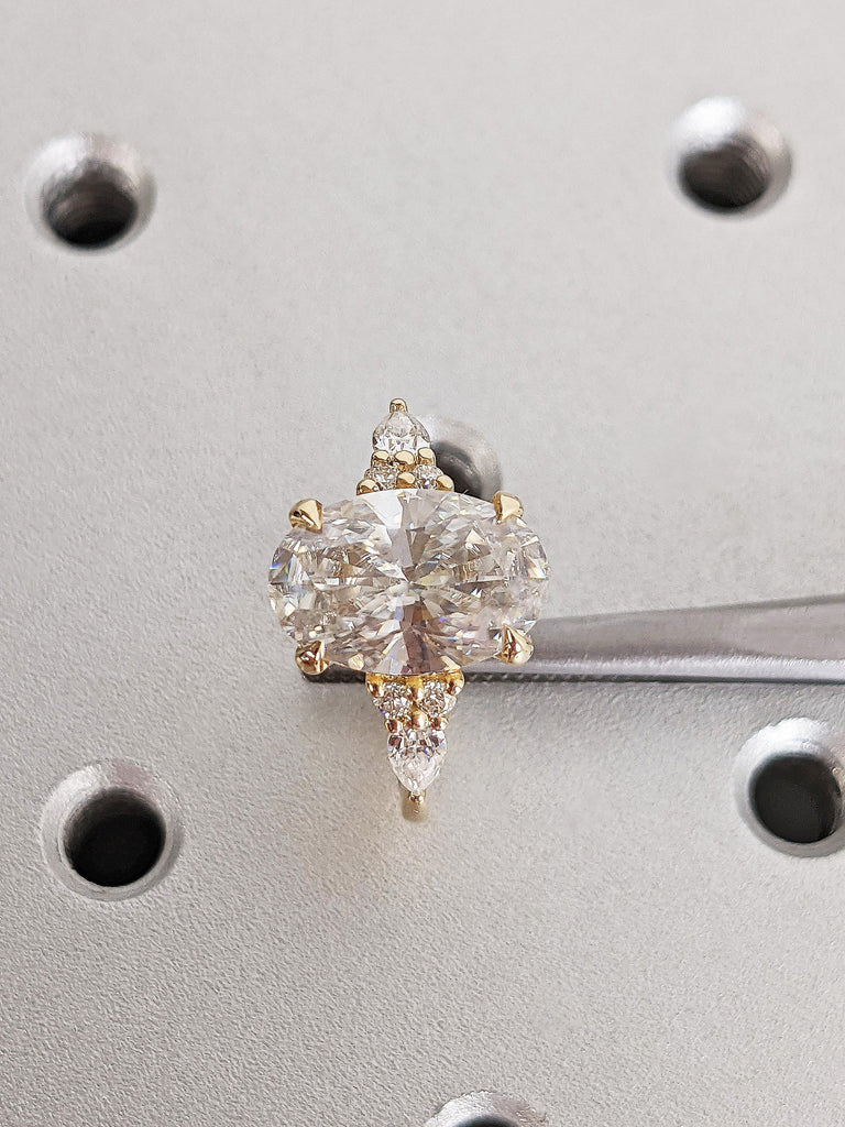 Vintage 18K Yellow Gold Oval Moissanite Engagement Ring with Pear Shaped Diamond Cluster, Luxury Custom Bridal Stacking Ring, Promise Ring