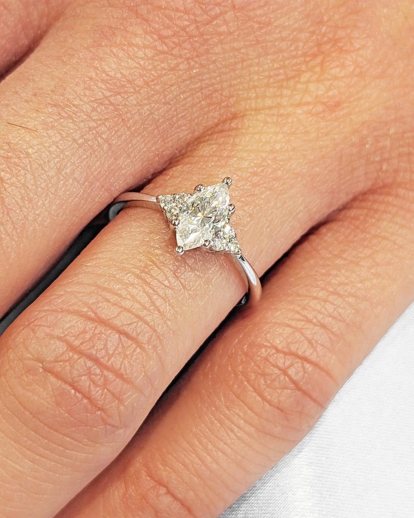 14K White Gold Marquise Moissanite Engagement Ring, Art Deco Marquise Solitaire Promise Ring, Vintage Wedding Ring, Moissanite Cluster Ring