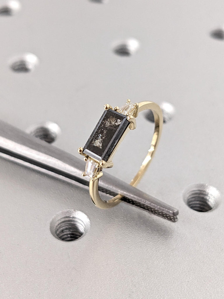 Genuine Diamond Baguette cut Engagement Ring | Salt and Pepper Galaxy Diamond Dainty Ring | 14k Yellow Gold Three Stone Wedding Ring for Her