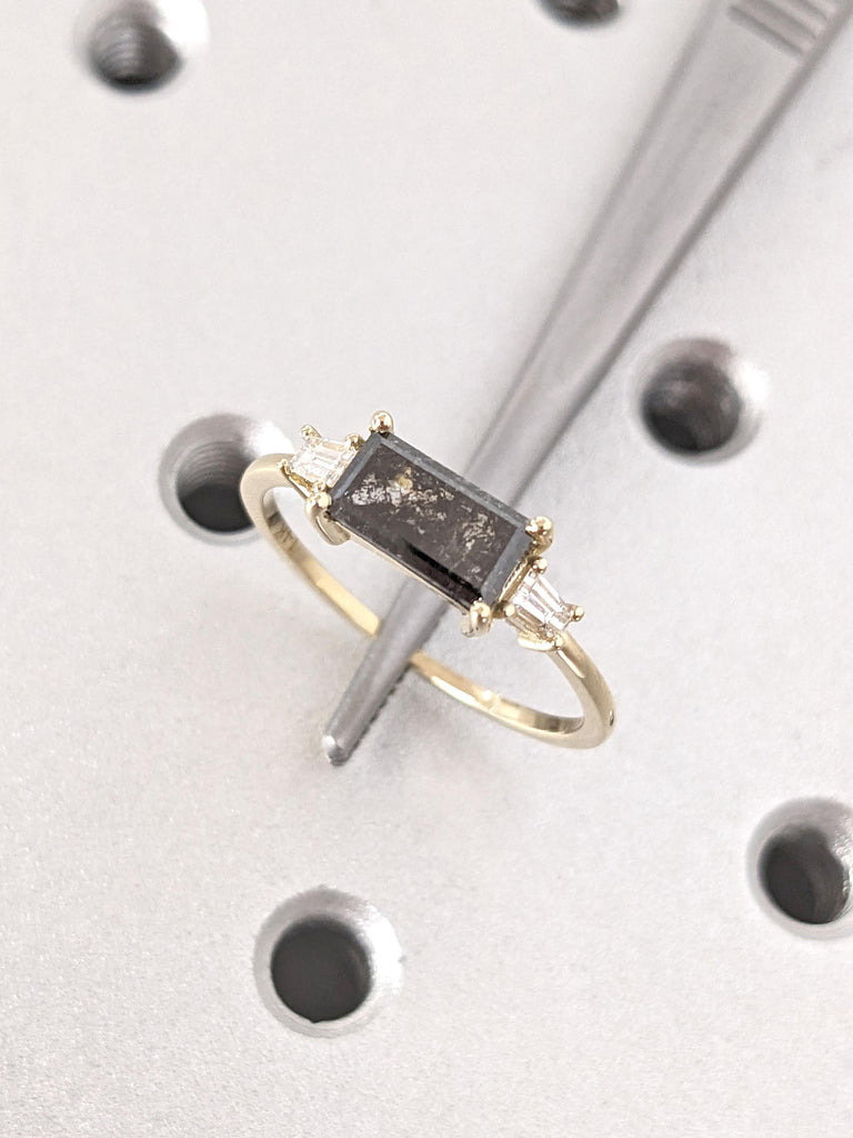 14k Yellow Gold Baguette cut Engagement Ring | 1 Carat Engagement Ring | Salt and Pepper Diamond Ring | Woman Bridal Ring Handmade Jewelry