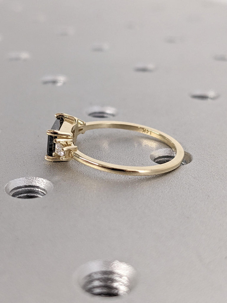 Genuine Diamond Baguette cut Engagement Ring | Salt and Pepper Galaxy Diamond Dainty Ring | 14k Yellow Gold Three Stone Wedding Ring for Her