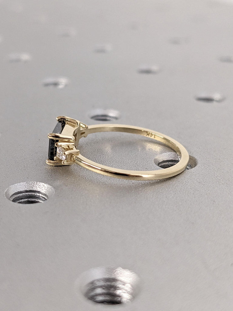 1ct-2ct Natural Black Diamond Delicate Engagement Ring | 14k Gold Baguette cut Rings for Women | Salt and Pepper Diamond Ring | Promise Ring