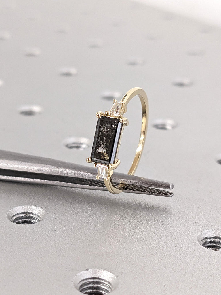 Unique Engagement Ring | Salt and Pepper Black Diamond Wedding Ring | Thin Gold Band | Diamond Ring for Her