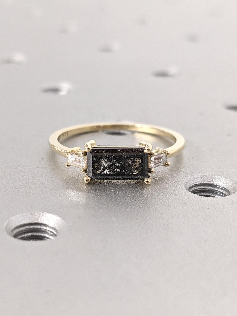 Genuine Diamond Baguette cut Engagement Ring | Salt and Pepper Galaxy Diamond Dainty Ring | 14k Yellow Gold Three Stone Wedding Ring for Her