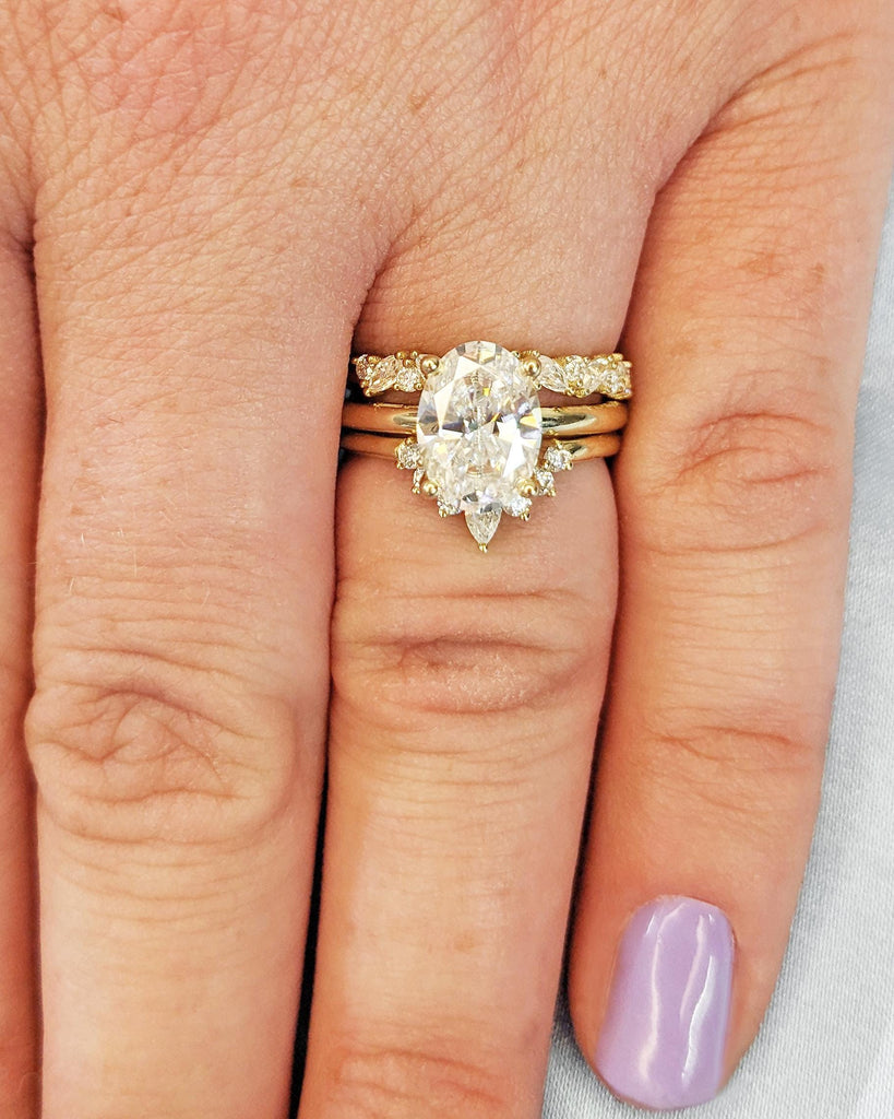 Oval Cut Lab Grown Diamond 3 Ring Engagement Set, 14K Solid Gold Tiara Band Curved Wedding Band, Lab Diamond Cluster Ring, Dainty Bridal Set