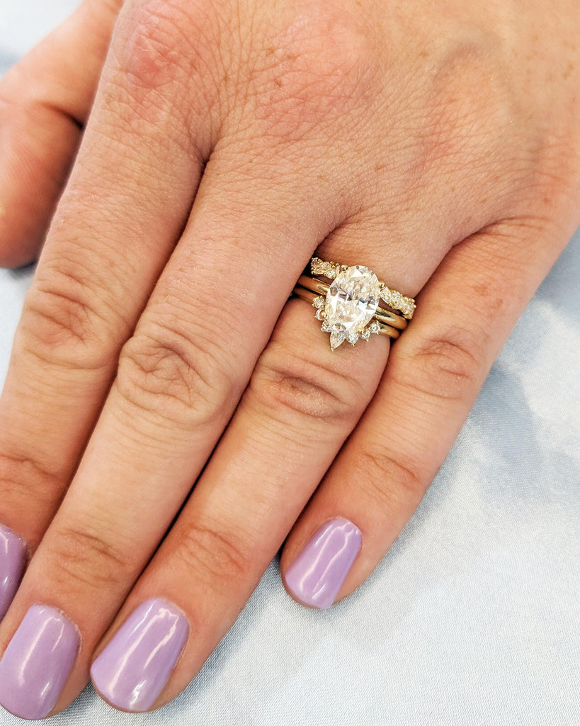 Oval Lab Diamond Engagement Ring Set 14K Gold Marquise Round Lab Diamond Cluster Ring Curved Wedding Band Matching Stacking 3pcs Bridal Set