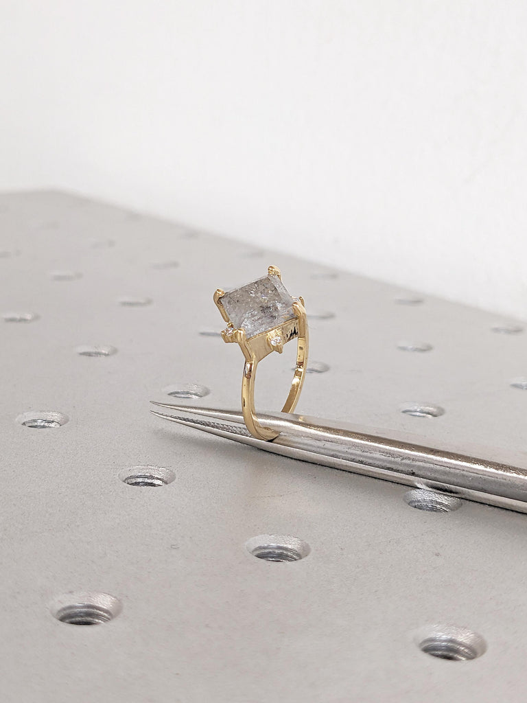 Princess Cut Salt and Pepper Diamond Engagement Ring, Dainty 18k Gold Ring, Solitaire Ring, Wedding Anniversary Ring, Birthday Gift for Her image #8