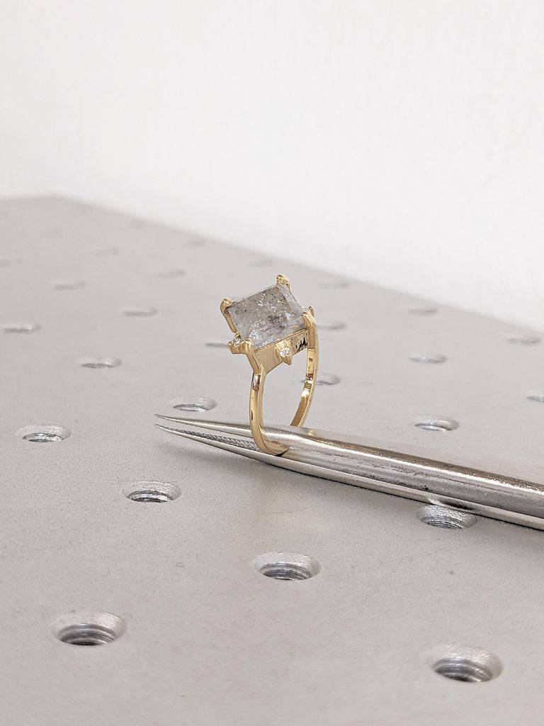 Princess Cut Salt and Pepper Diamond Engagement Ring, Dainty 18k Gold Ring, Solitaire Ring, Wedding Anniversary Ring, Birthday Gift for Her