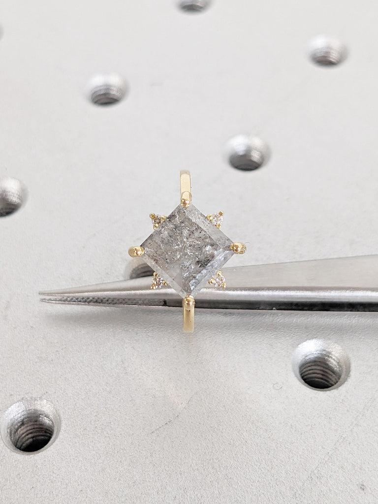 Princess Cut Salt and Pepper Diamond Engagement Ring, Dainty 18k Gold Ring, Solitaire Ring, Wedding Anniversary Ring, Birthday Gift for Her image #1
