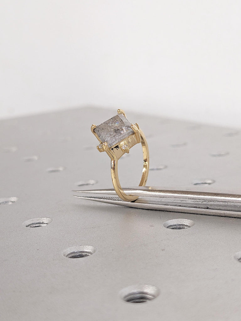 Princess Cut Salt and Pepper Diamond Engagement Ring, Dainty 18k Gold Ring, Solitaire Ring, Wedding Anniversary Ring, Birthday Gift for Her