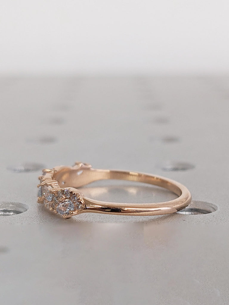 Art Deco Multi Shape Ring, 14k Rose Gold Ring, Round Diamond and Pear Cut Aquamarine Wedding Rings for Women, Stackable Ring, Gift for Her