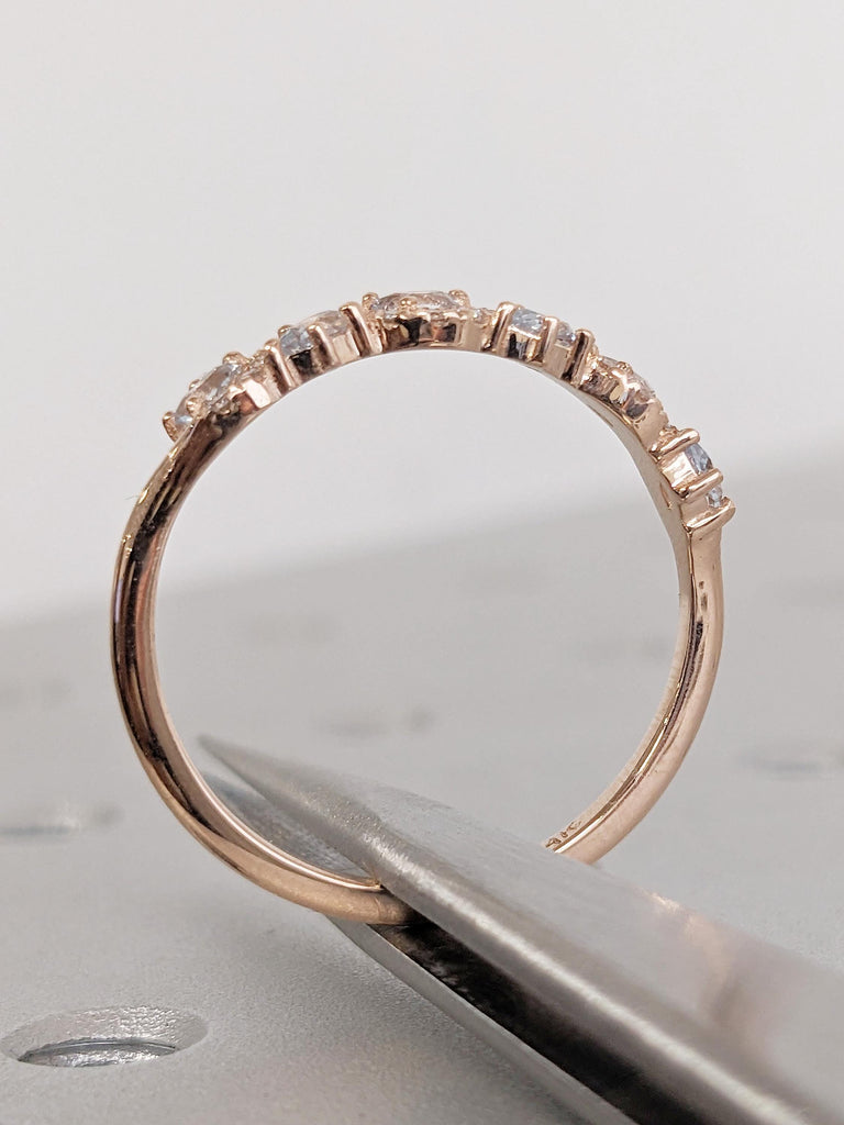 Art Deco Multi Shape Ring, 14k Rose Gold Ring, Round Diamond and Pear Cut Aquamarine Wedding Rings for Women, Stackable Ring, Gift for Her