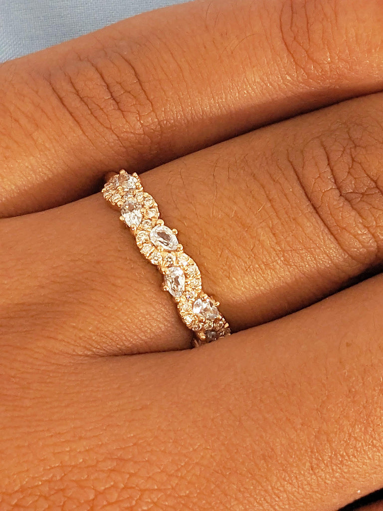 Art Deco Multi Shape Ring, 14k Rose Gold Ring, Round Diamond and Pear Cut Aquamarine Wedding Rings for Women, Stackable Ring, Gift for Her