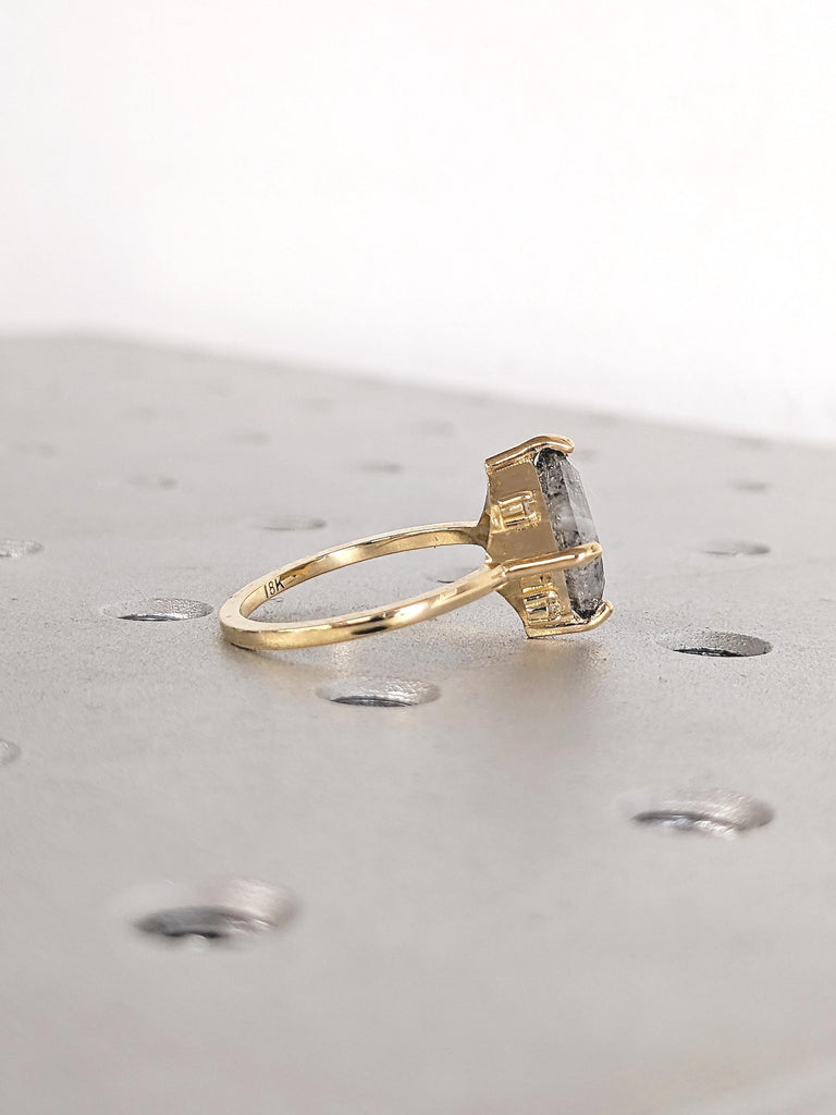 Princess Cut Salt and Pepper Diamond Engagement Ring, Dainty 18k Gold Ring, Solitaire Ring, Wedding Anniversary Ring, Birthday Gift for Her image #5