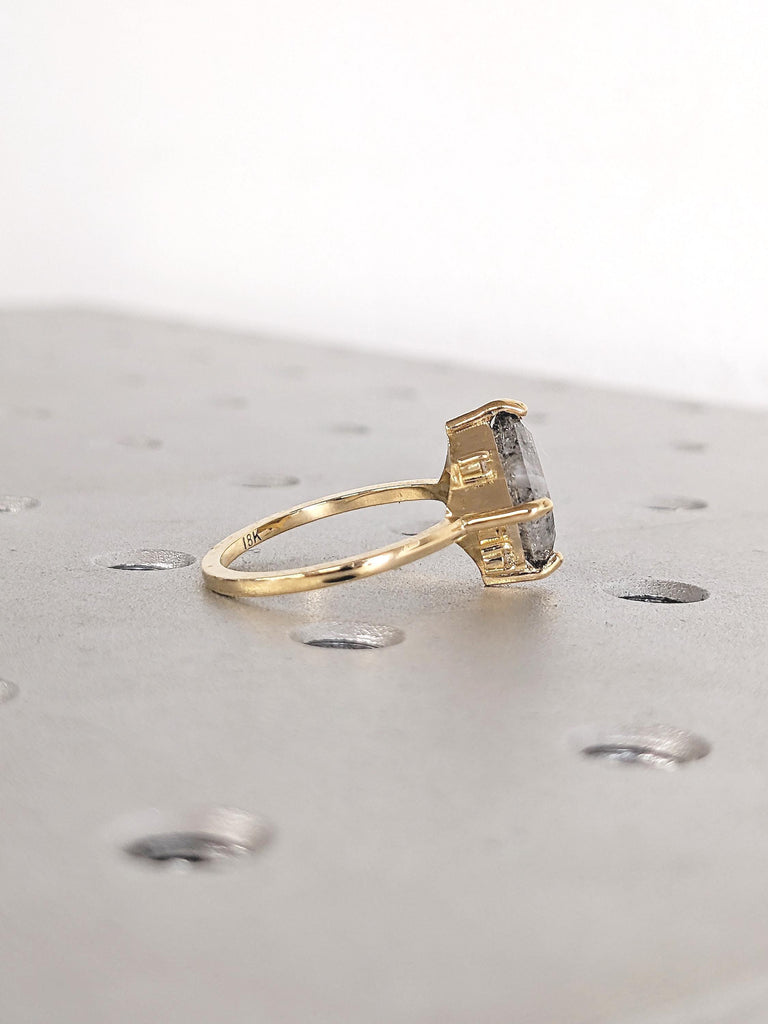 Princess Cut Salt and Pepper Diamond Engagement Ring, Dainty 18k Gold Ring, Solitaire Ring, Wedding Anniversary Ring, Birthday Gift for Her