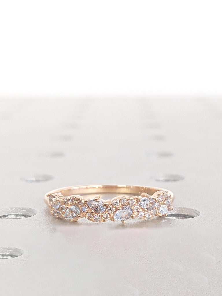 Art Deco Multi Shape Ring, 14k Rose Gold Ring, Round Diamond and Pear Cut Aquamarine Wedding Rings for Women, Stackable Ring, Gift for Her