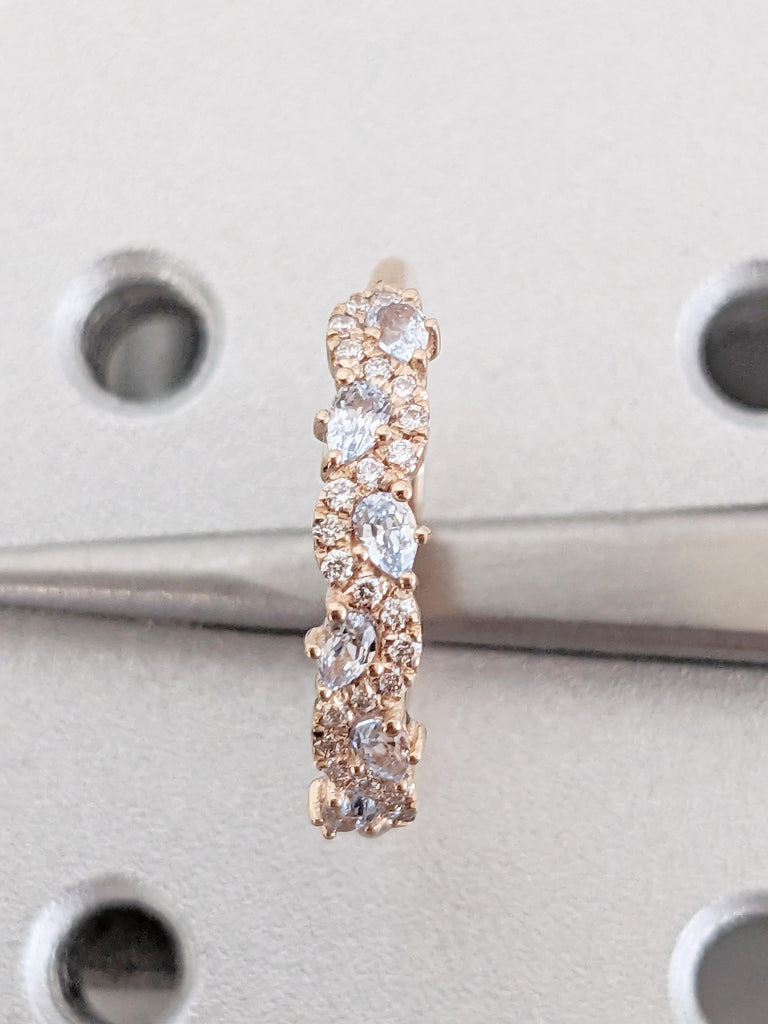 Art Deco Multi Shape Ring, 14k Rose Gold Ring, Round Diamond and Pear Cut Aquamarine Wedding Rings for Women, Stackable Ring, Gift for Her