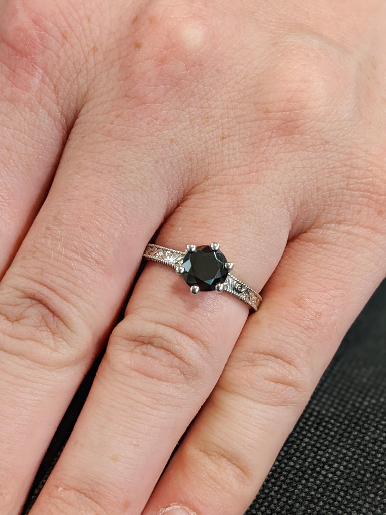 Unique Round Cut Black Moissanite Engagement Ring, Custom 14K White Gold Milgrain Wedding Ring, Vintage Solitaire Moissanite Promise Ring