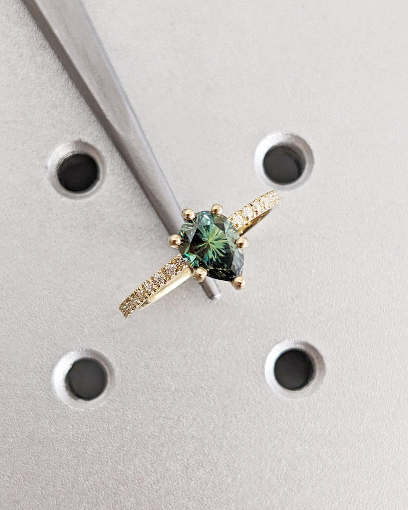 Colored Moissanite Engagement, Green Moissanite Ring, Vintage Blue-Green Pear Engagement Ring, Green Color Moissanite, Diamond Hidden Halo