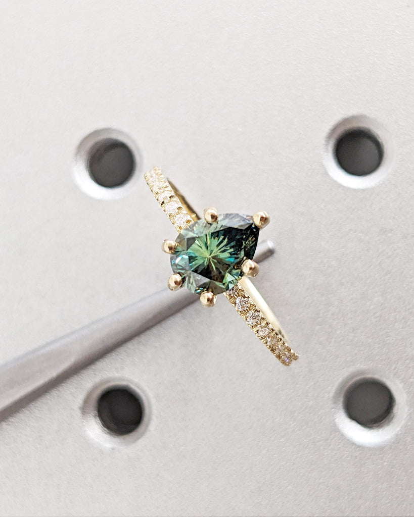 Colored Moissanite Engagement, Green Moissanite Ring, Vintage Blue-Green Pear Engagement Ring, Green Color Moissanite, Diamond Hidden Halo