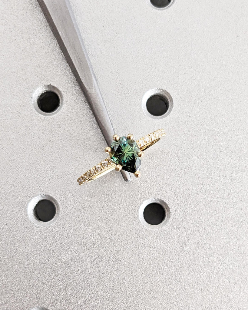 1ct 2ct 3ct Green Moissanite Ring | Pear Cut Green Moissanite Engagement Ring | Green Stone Ring | Hidden Halo Dainty 14K Gold Promise Ring
