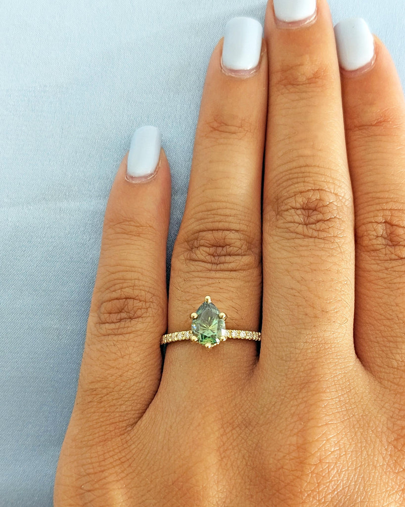 1ct 2ct 3ct Green Moissanite Ring | Pear Cut Green Moissanite Engagement Ring | Green Stone Ring | Hidden Halo Dainty 14K Gold Promise Ring