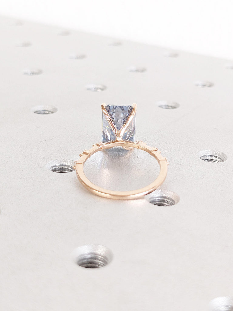 Rose Gold Emerald Cut Moissanite Engagement Ring, Blue Grey Moissanite Statement Ring, Diamond Half Eternity Ring, 0.5-4ct Moissanite Ring