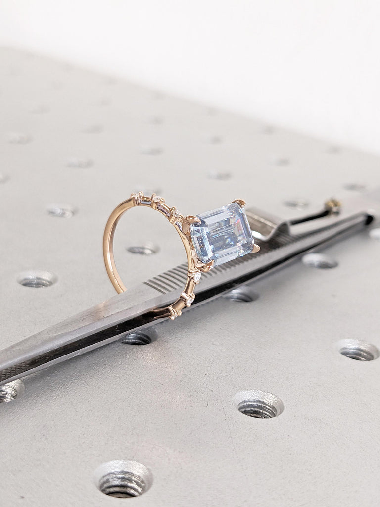 Blue Grey Moissanite Ring, 14k Rose Gold Ring, Unique Engagement Ring, Moissanite Emerald Cut Ring, Half Eternity Wedding Ring, Gift for Her