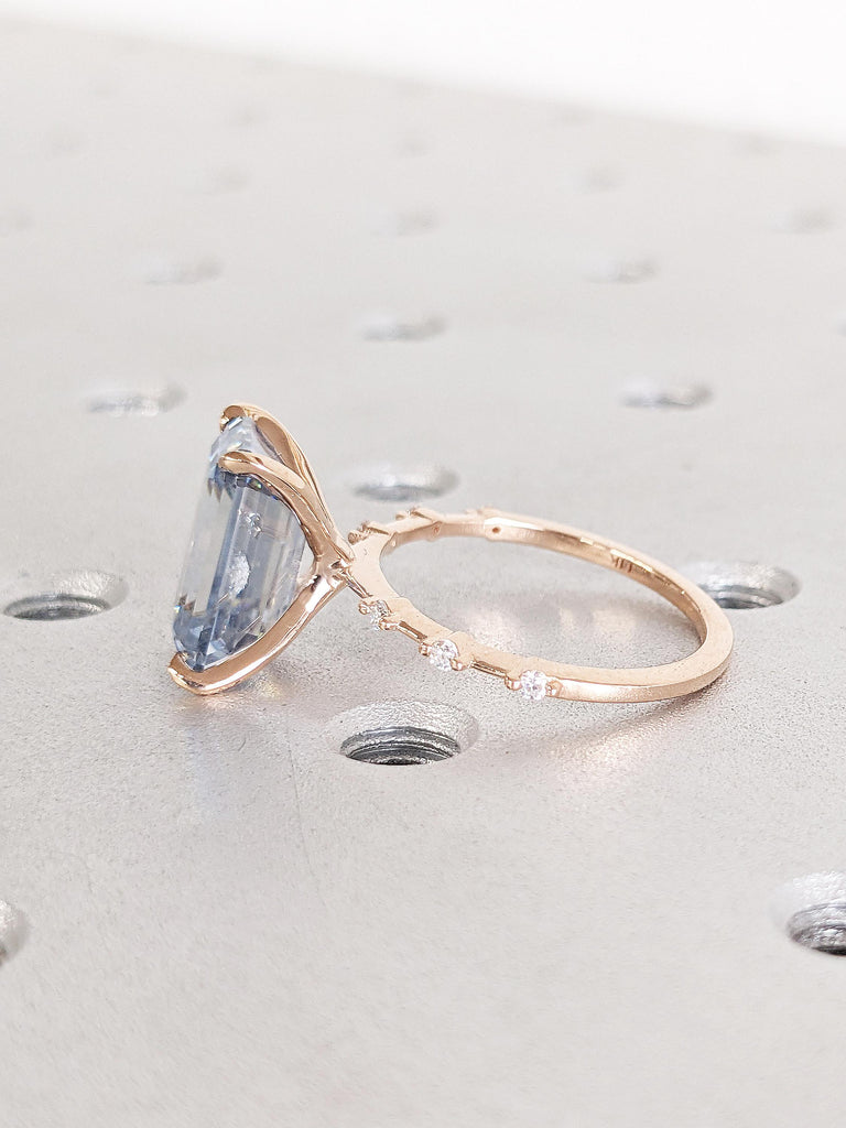 Rose Gold Emerald Cut Moissanite Engagement Ring, Blue Grey Moissanite Statement Ring, Diamond Half Eternity Ring, 0.5-4ct Moissanite Ring