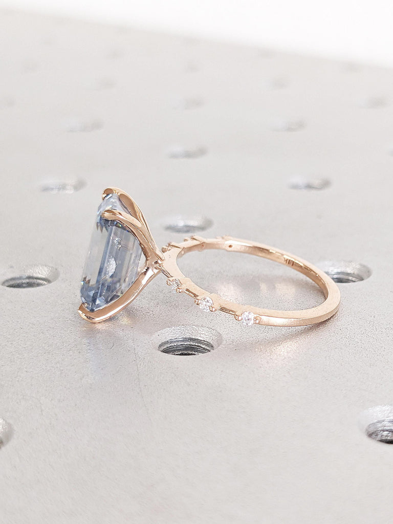 Blue Grey Moissanite Ring, 14k Rose Gold Ring, Unique Engagement Ring, Moissanite Emerald Cut Ring, Half Eternity Wedding Ring, Gift for Her