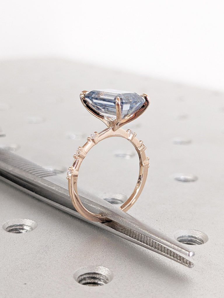 Rose Gold Emerald Cut Moissanite Engagement Ring, Blue Grey Moissanite Statement Ring, Diamond Half Eternity Ring, 0.5-4ct Moissanite Ring