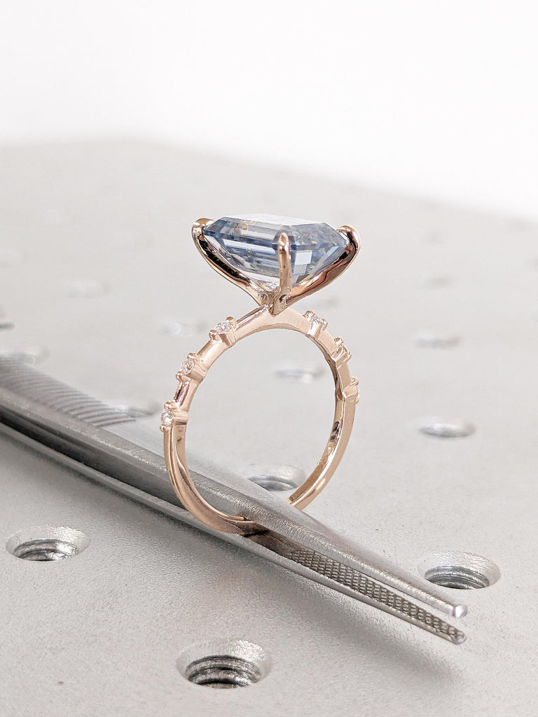 Blue Grey Moissanite Ring, 14k Rose Gold Ring, Unique Engagement Ring, Moissanite Emerald Cut Ring, Half Eternity Wedding Ring, Gift for Her