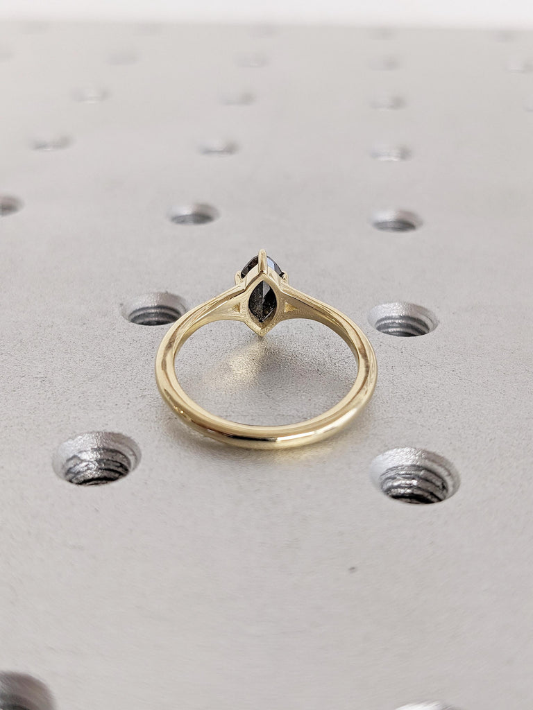 Vintage Salt and Pepper Diamond Ring, Marquise Engagement Ring, 14k Solid Gold Solitaire Ring, Split Shank Promise Ring, Unique Gift for Her