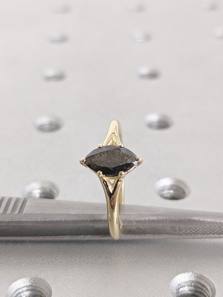 Vintage Salt and Pepper Diamond Ring, Marquise Engagement Ring, 14k Solid Gold Solitaire Ring, Split Shank Promise Ring, Unique Gift for Her
