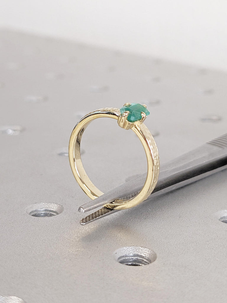 Vintage Emerald Ring, Natural Emerald Engagement Ring, Emerald Cut Ring, 14k Gold Hammered Ring, Gemstone Ring, Handmade Rings for Women