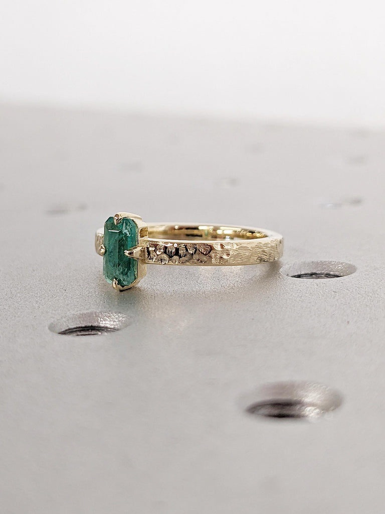 Natural Emerald Ring, Emerald Cut Engagement Ring, Gold Promise Ring for Her, Hammered Finished Ring, Birthstone Ring, Unique Solitaire Ring