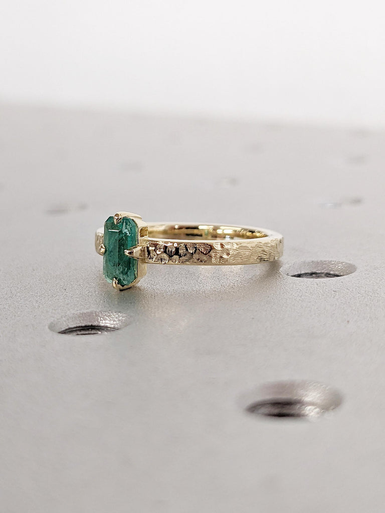 Vintage Emerald Ring, Natural Emerald Engagement Ring, Emerald Cut Ring, 14k Gold Hammered Ring, Gemstone Ring, Handmade Rings for Women
